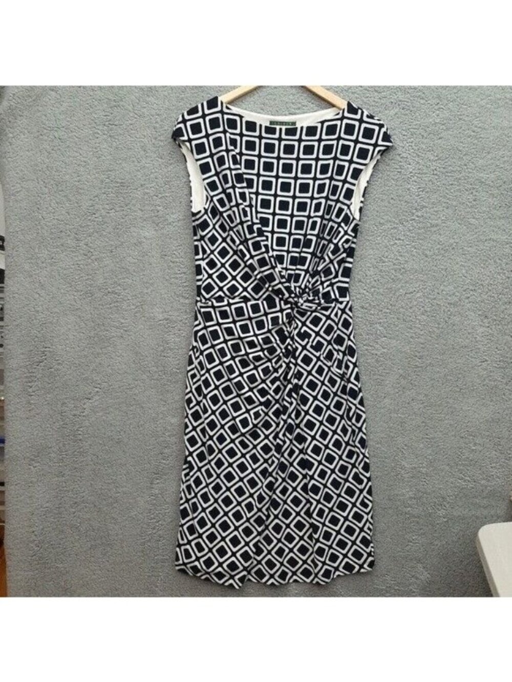 Lauren Ralph Lauren Geometric Print Knot Front Dress Size 12 Navy White
